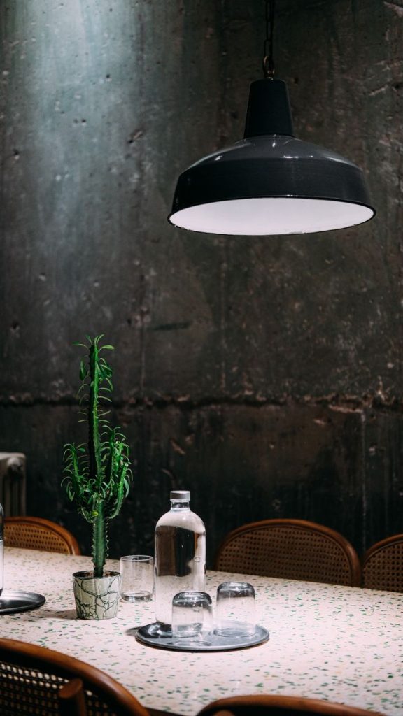 pexels-photo-14780714 Stylish dining area with industrial lamp, cactus decor, and elegant table setting showcasing modern interior design.